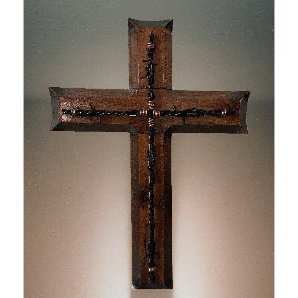 Handcrafted Cedar Wood Cross with Barbed Wire & Copper Religious Wall Decor 14”